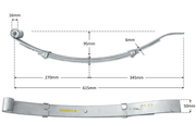 Multi Leaf Spring Kit parts showing measurements and detailed design for 50mm wide and 750kg capacity.