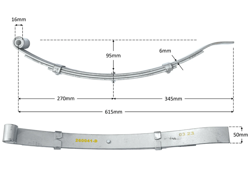 Multi Leaf Spring Kit parts showing measurements and detailed design for 50mm wide and 750kg capacity.
