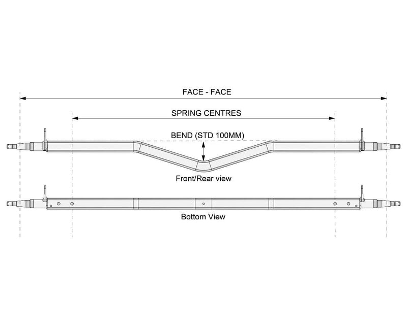 Gull Wing Axle - Disc Braked - 1500kg - Bare Metal technical drawing showing front and rear views and spring centers.
