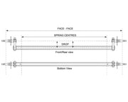 Technical drawing of a Drop Beam Axle showing front/rear and bottom views with dimensions for spring centres and drop.