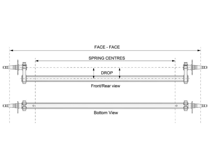 Technical drawing of a Drop Beam Axle showing front/rear and bottom views with dimensions for spring centres and drop.