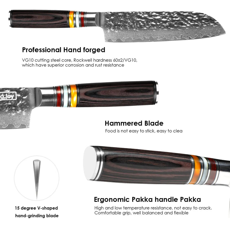 Qulajoy 7 Inch Nakiri Chef Knife,Professional Japanese 67 Layers Damascus VG-10 Steel Core,Hammered Vegetable Cutting Knife,Ergonomic Pakkawood Handle With Sheath - Santoku Knife by China Dropship