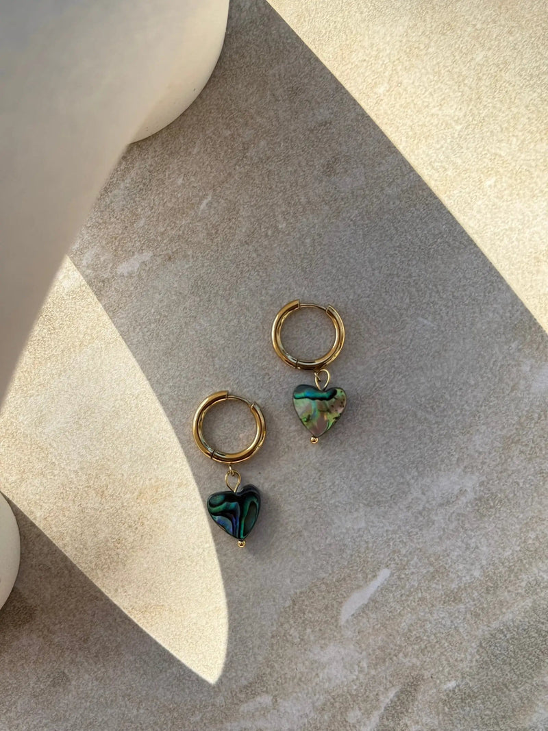 Pāua Gold Heart Huggies by Tahana Jewellery