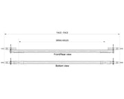 Overlay Beam Axle - 1500kg - Galvanised - 50SQ, front and bottom views with dimensions and spring holes.