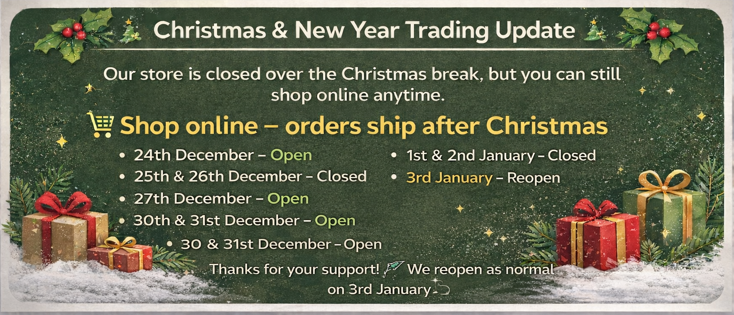 Christmas trading update sign with festive decorations on a gray background