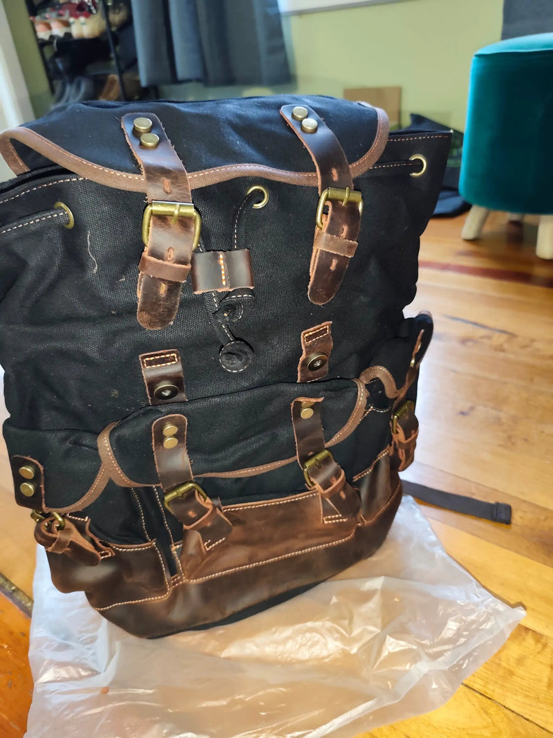Waxed Canvas Leather Backpack Retro Heritage Rucksack Travel Adventure Pack