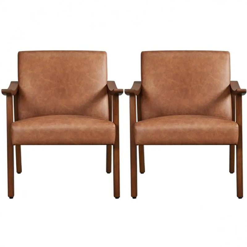 Mid-Century Modern Faux Leather Armchairs with Solid Wood Frame Accent Chair by Yaheetech
