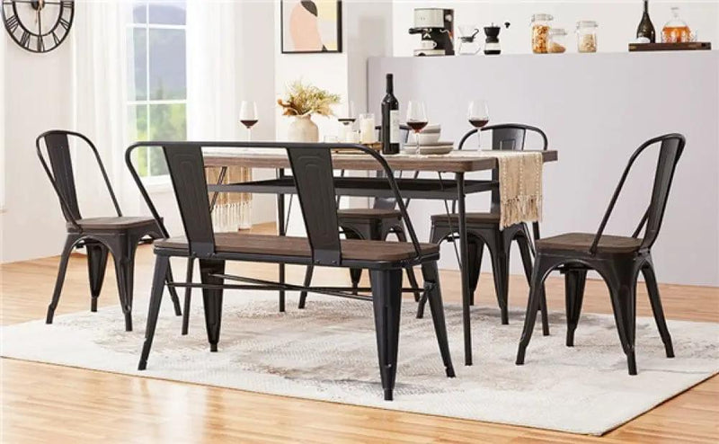 Industrial Metal Dining Bench with Wooden Top for Patio Kitchen by Yaheetech
