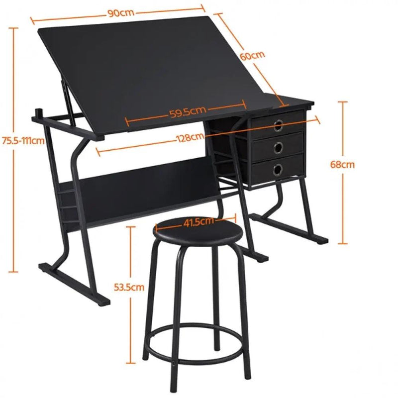 Drafting Table & Stool Set For Artists Tilting Tabletop with Additional Side Countertop by Yaheetech