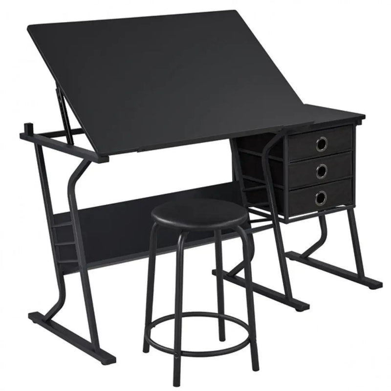 Drafting Table & Stool Set For Artists Tilting Tabletop with Additional Side Countertop by Yaheetech
