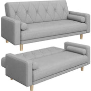 Button-tufted Fabric 3-Seater Sofa Bed W/ 2 Bolster Pillows by Yaheetech