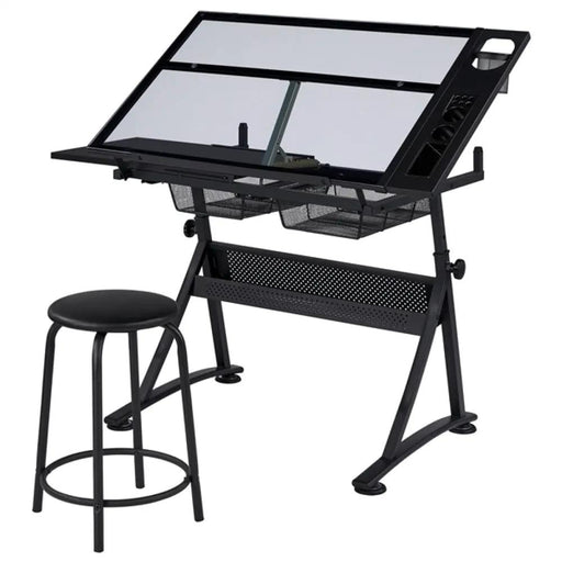 Height Adjustable Glass Drafting Table & Stool Set Art Table by Yaheetech