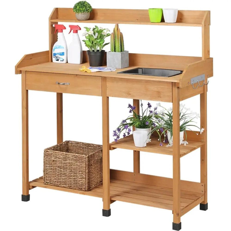 Potting Bench Table Removable Sink Firwood Drawer Open Multiple Shelves by Yaheetech