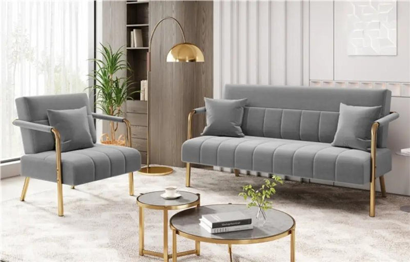 Velvet Upholstered Sofa Couch + Accent Armchair Lounge Chair by Yaheetech