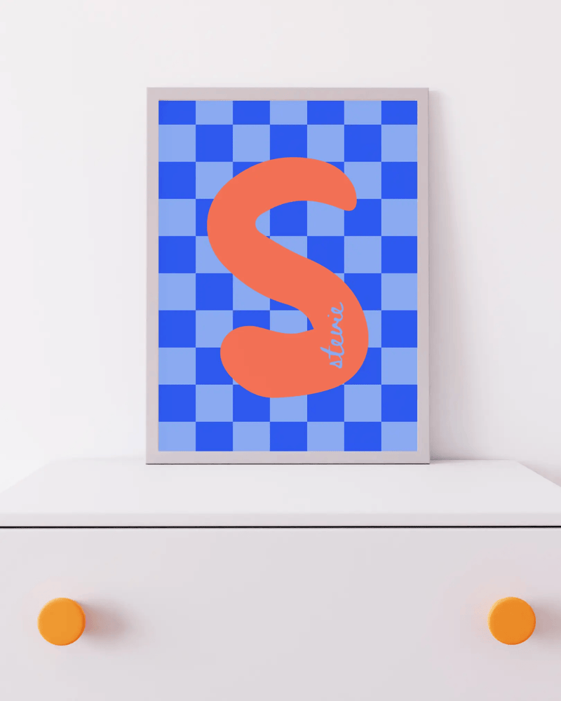Initial Checks Blue (Personalised) by Blank Wall Print Shop
