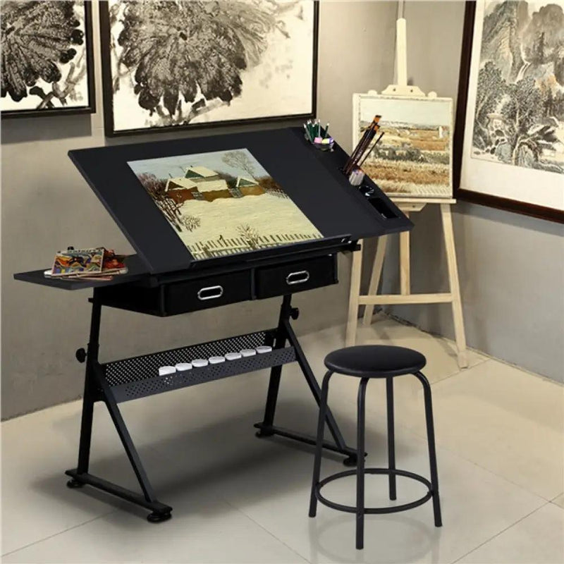 Drafting Table/Stool Set with Adjustable Table Angles & Heights All-in-One by Yaheetech