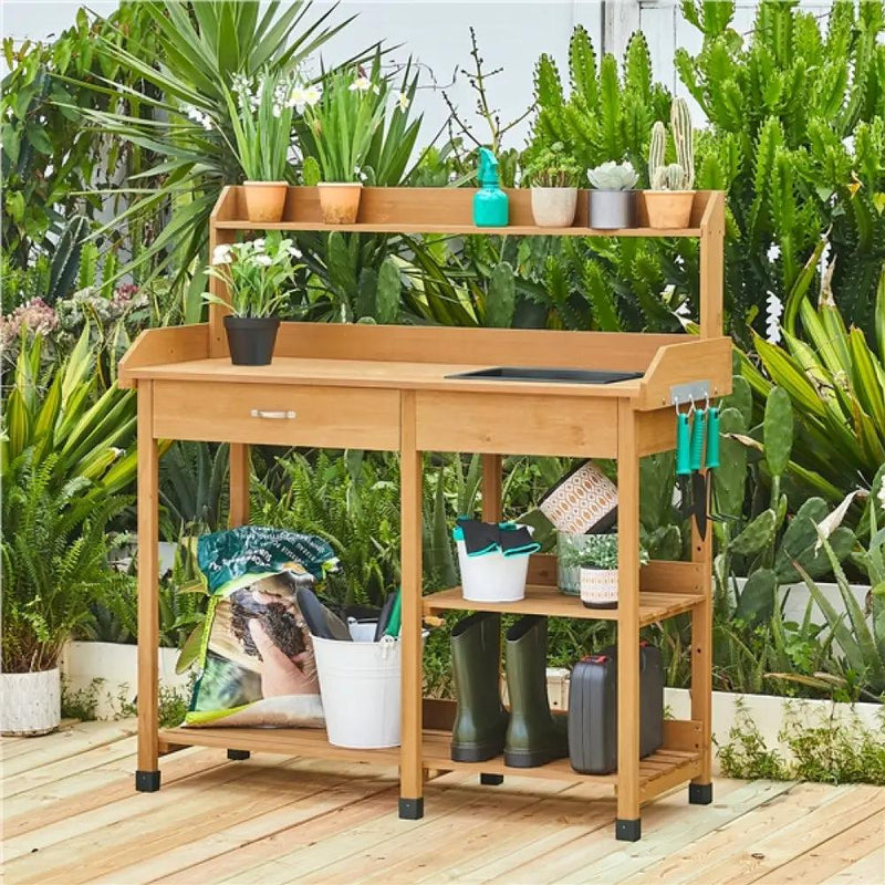 Potting Bench Table Removable Sink Firwood Drawer Open Multiple Shelves by Yaheetech
