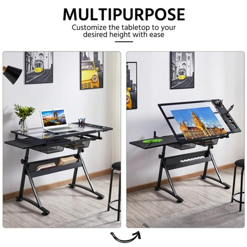 Height Adjustable Glass Drafting Table & Stool Set Art Table by Yaheetech