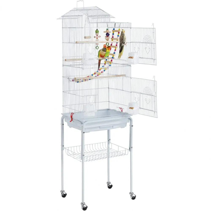 Rolling Metal Bird Cage with Detachable Stand Toys Included by Yaheetech