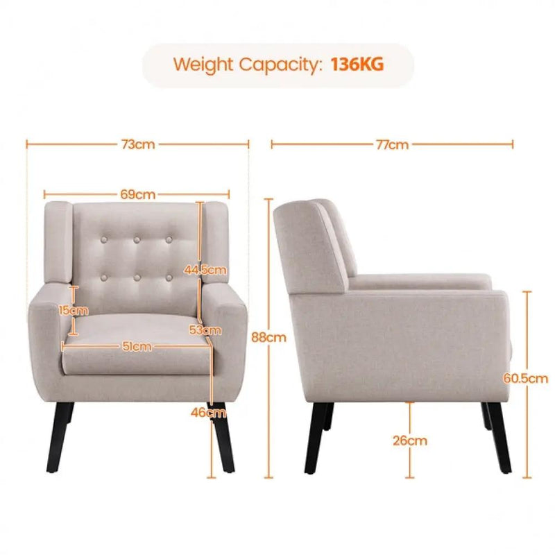 Set of 2 Button Tufted Armchairs with Solid Wood Legs by Yaheetech