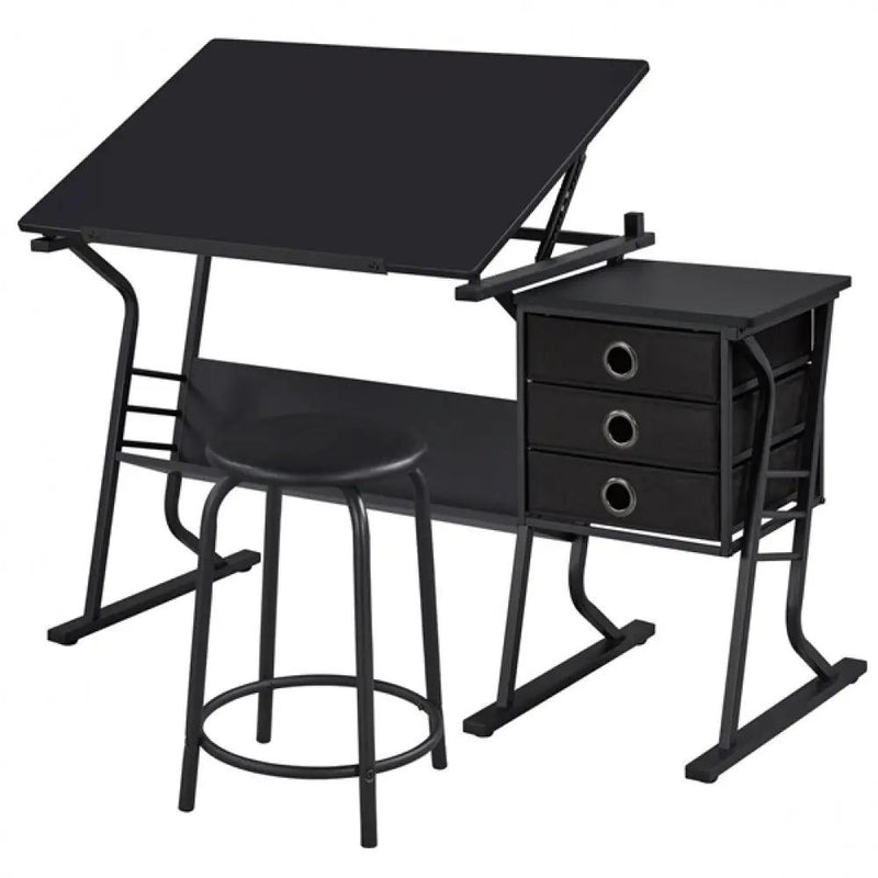 Drafting Table & Stool Set For Artists Tilting Tabletop with Additional Side Countertop by Yaheetech