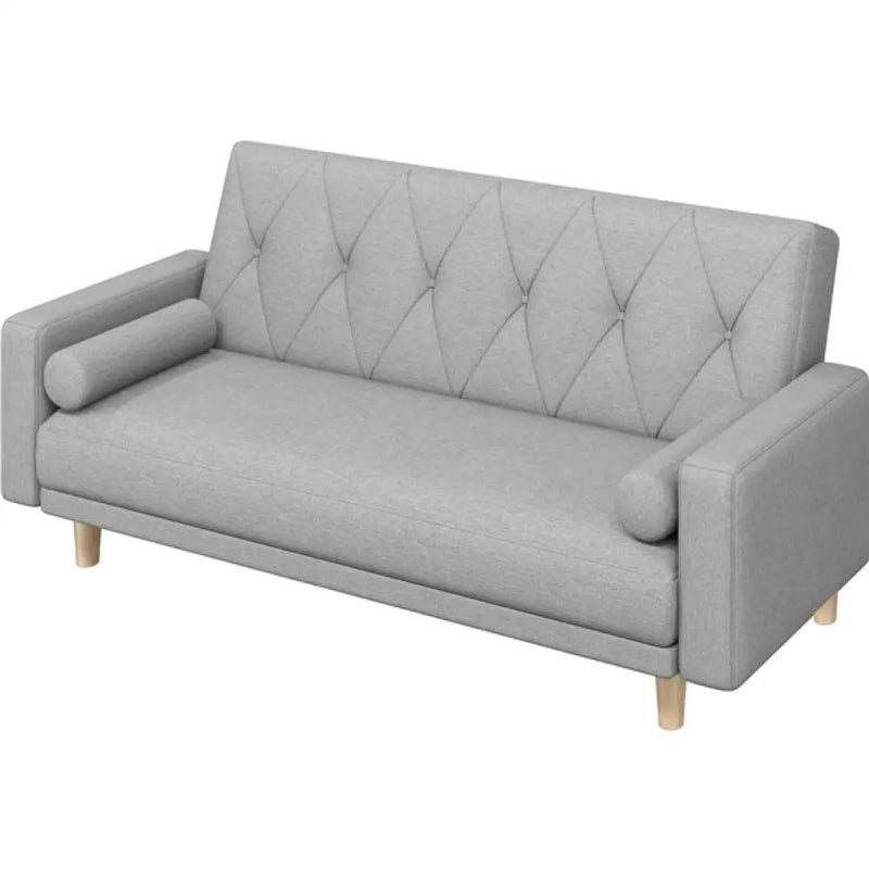 Button-tufted Fabric 3-Seater Sofa Bed W/ 2 Bolster Pillows by Yaheetech