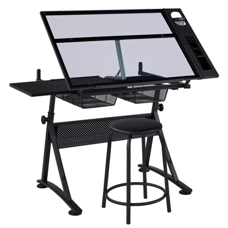 Height Adjustable Glass Drafting Table & Stool Set Art Table by Yaheetech