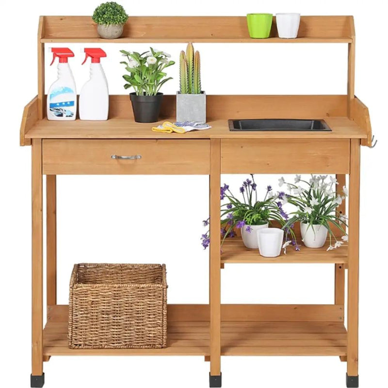 Potting Bench Table Removable Sink Firwood Drawer Open Multiple Shelves by Yaheetech