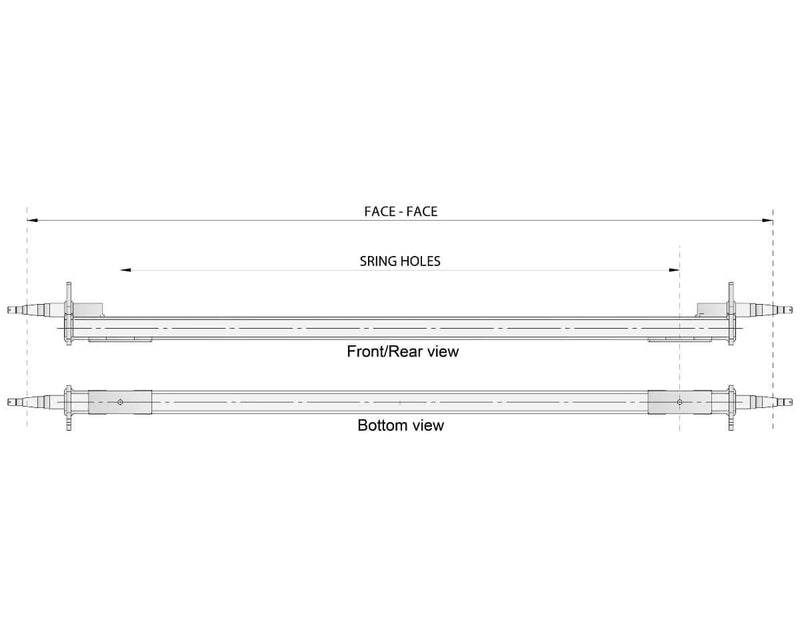 Overlay Beam Axle - 1500kg - Galvanised - 65SQ front and bottom view technical drawing with dimensions.