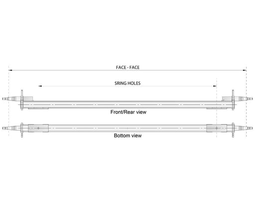 Overlay Beam Axle - 1500kg - Galvanised - 65SQ front and bottom view technical drawing with dimensions.