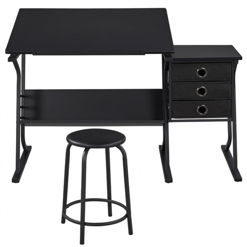 Drafting Table & Stool Set For Artists Tilting Tabletop with Additional Side Countertop by Yaheetech
