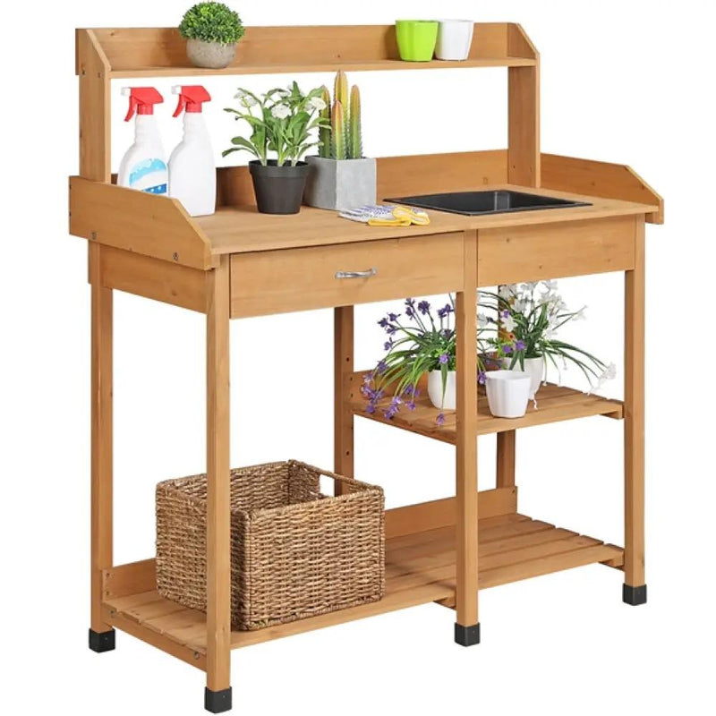 Potting Bench Table Removable Sink Firwood Drawer Open Multiple Shelves by Yaheetech