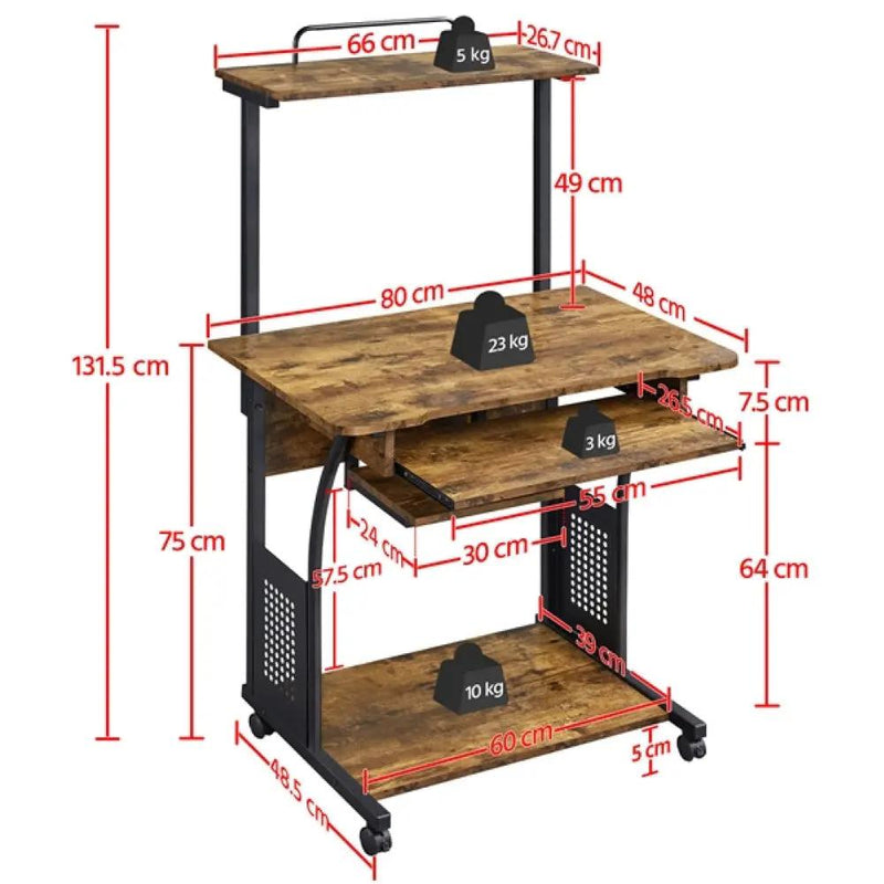 3-Tier Rolling Computer Desk Study Table with Printer Shelf by Yaheetech