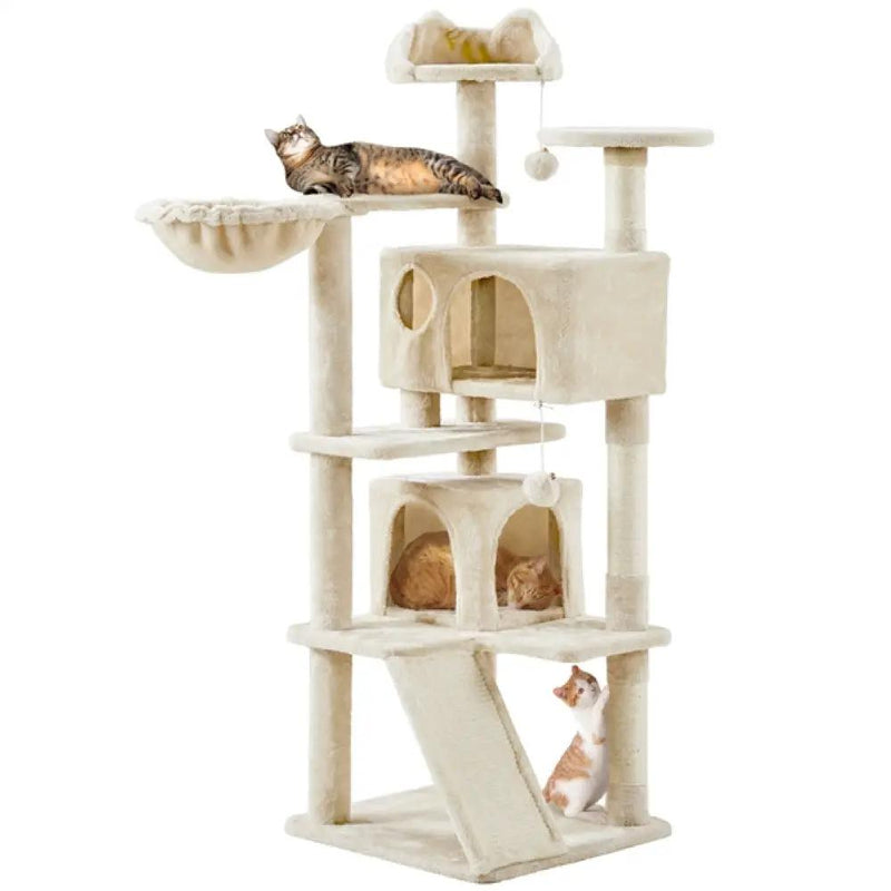 Cat Tree Condo Kitten Tree Tower w/ 2 Condos & Dangling Ball & Round Platform & Ladder by Yaheetech