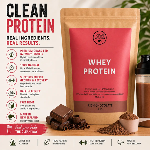 Whey Protein Powder - Chocolate 1kg by Kiwi Nutrition