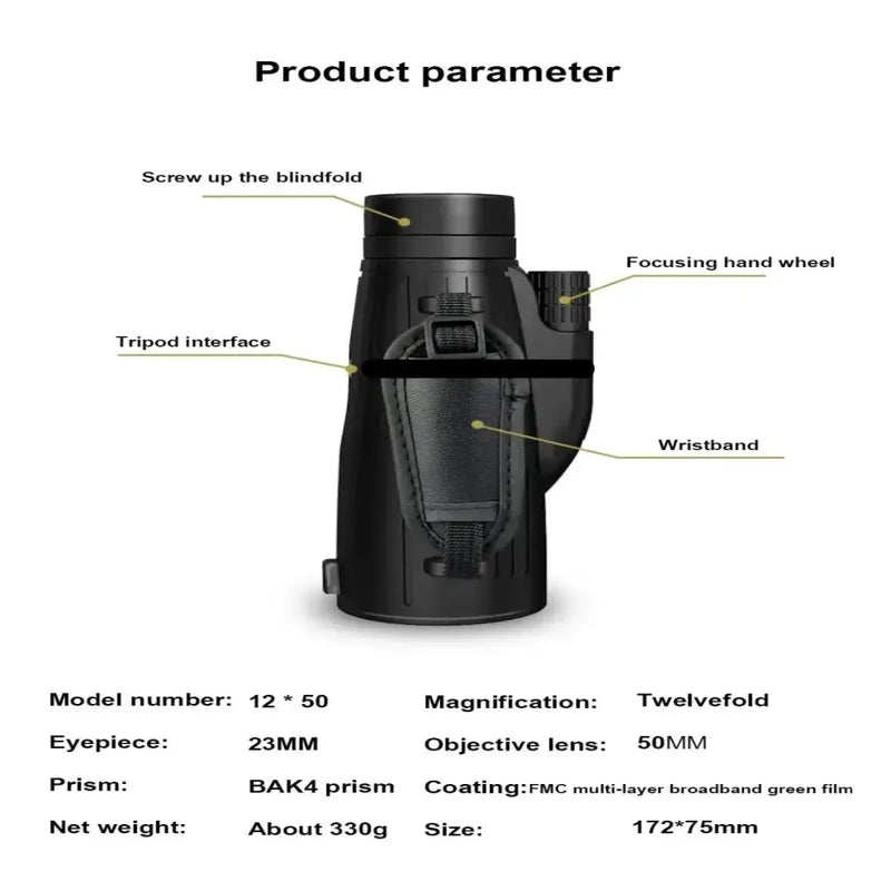 12x50 Powerful Monocular – Long Reach Portable Telescope by Habicare