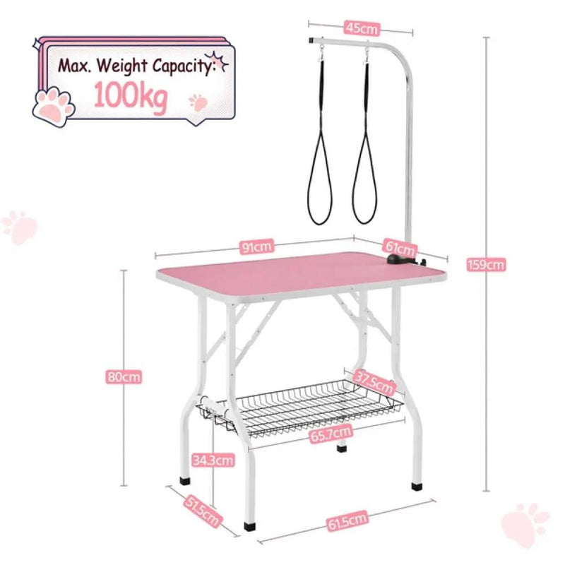 Dog Grooming Table with Basket Style Tool Shelf and Adjustable Arm Fold-up Pet Salon Table by Yaheetech