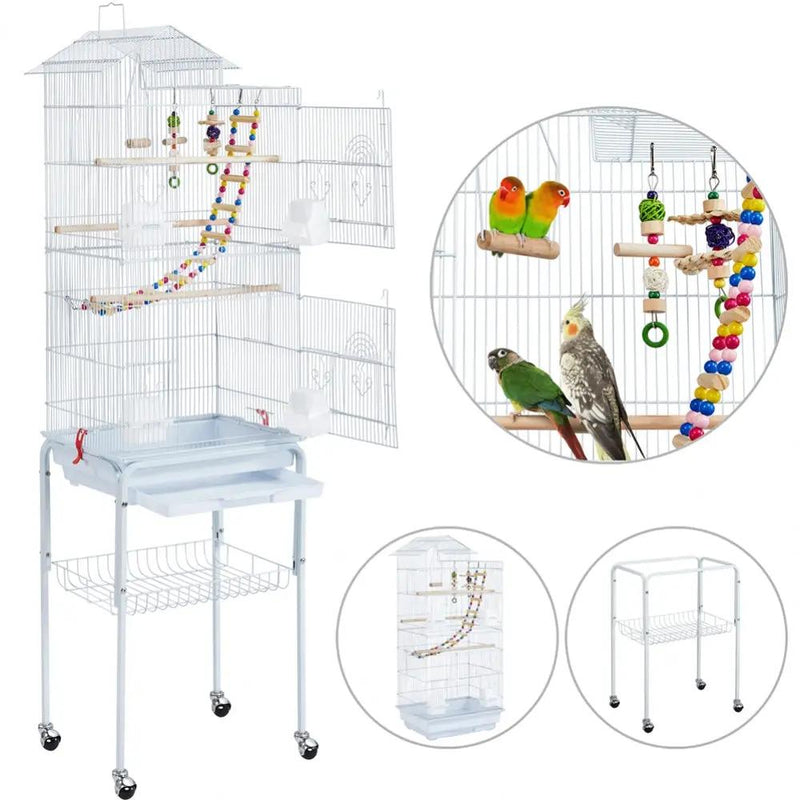 Rolling Metal Bird Cage with Detachable Stand Toys Included by Yaheetech