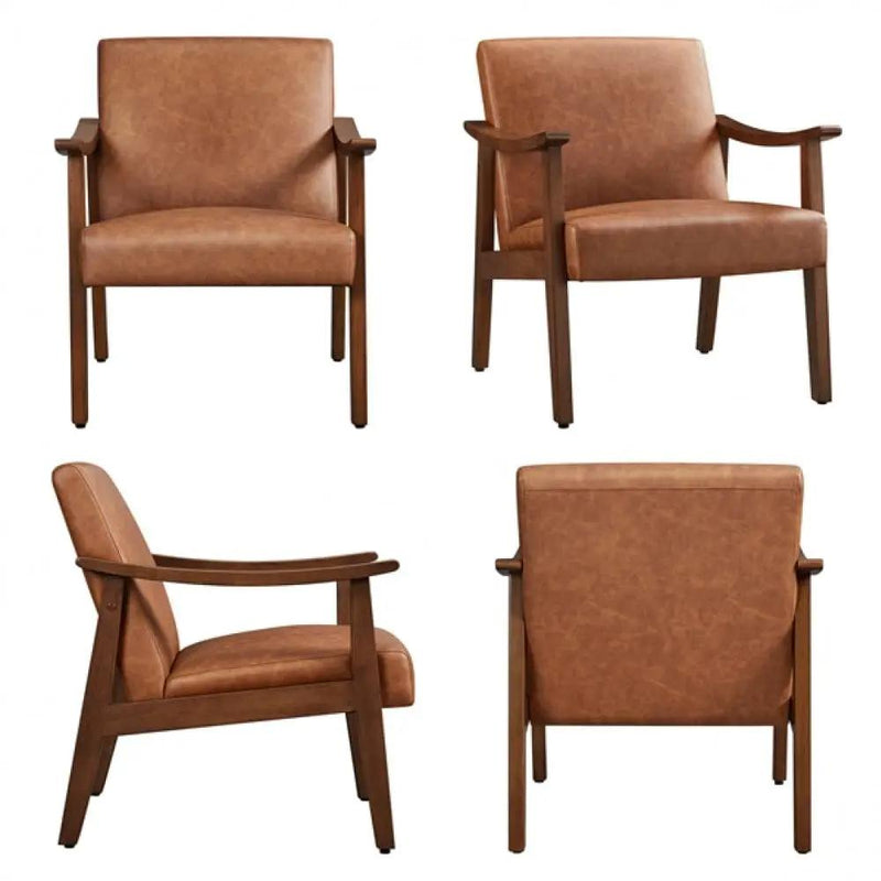Mid-Century Modern Faux Leather Armchairs with Solid Wood Frame Accent Chair by Yaheetech