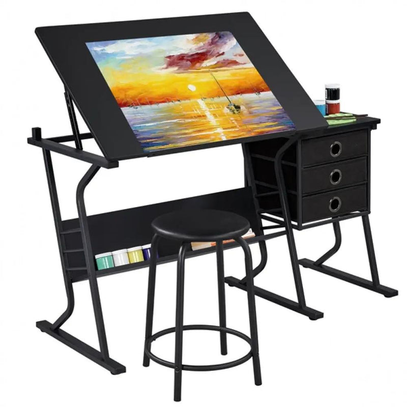 Drafting Table & Stool Set For Artists Tilting Tabletop with Additional Side Countertop by Yaheetech