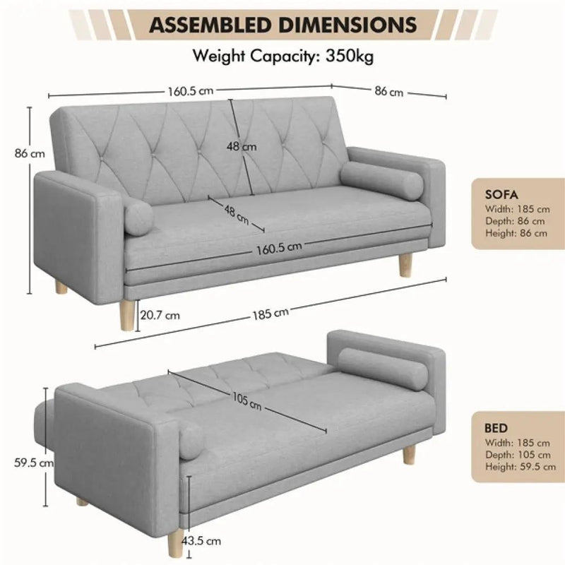 Button-tufted Fabric 3-Seater Sofa Bed W/ 2 Bolster Pillows by Yaheetech