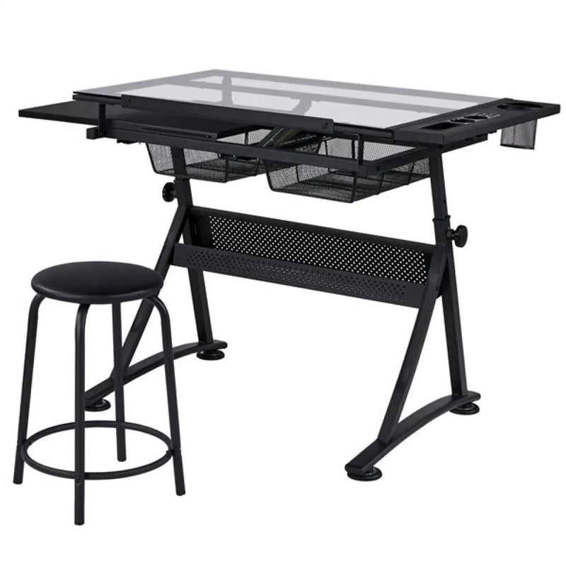 Height Adjustable Glass Drafting Table & Stool Set Art Table by Yaheetech