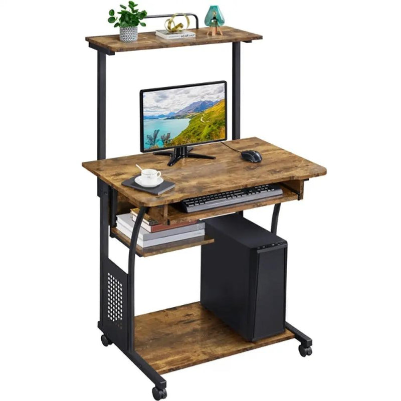 3-Tier Rolling Computer Desk Study Table with Printer Shelf by Yaheetech