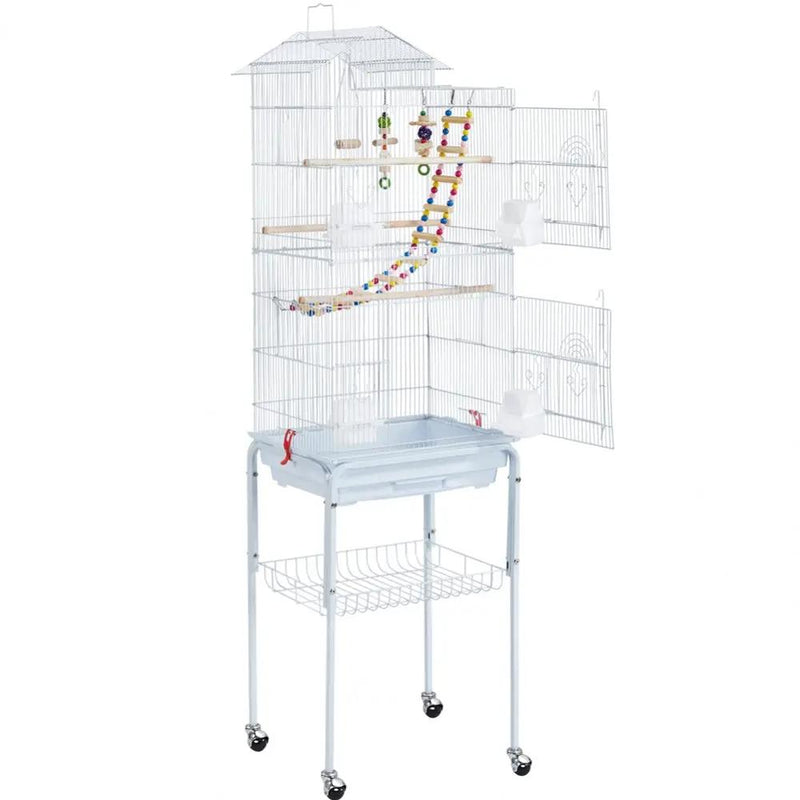 Rolling Metal Bird Cage with Detachable Stand Toys Included by Yaheetech