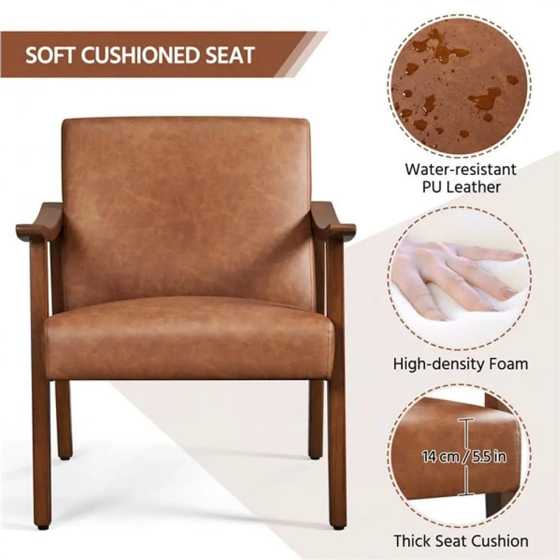 Mid-Century Modern Faux Leather Armchairs with Solid Wood Frame Accent Chair by Yaheetech
