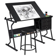 Drafting Table & Stool Set For Artists Tilting Tabletop with Additional Side Countertop by Yaheetech