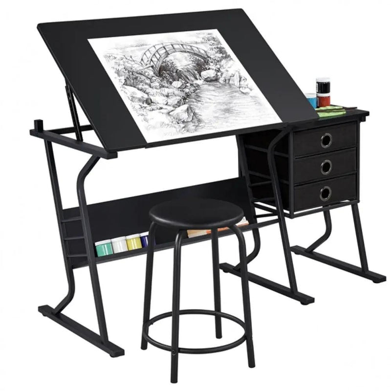 Drafting Table & Stool Set For Artists Tilting Tabletop with Additional Side Countertop by Yaheetech