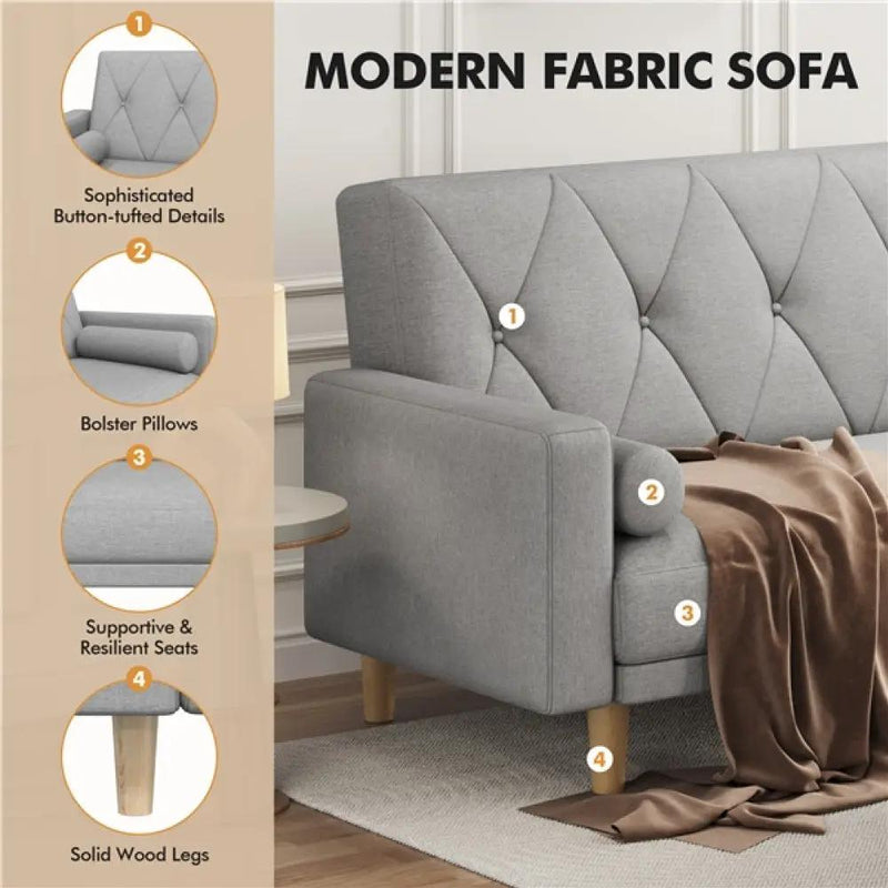 Button-tufted Fabric 3-Seater Sofa Bed W/ 2 Bolster Pillows by Yaheetech