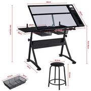 Height Adjustable Glass Drafting Table & Stool Set Art Table by Yaheetech