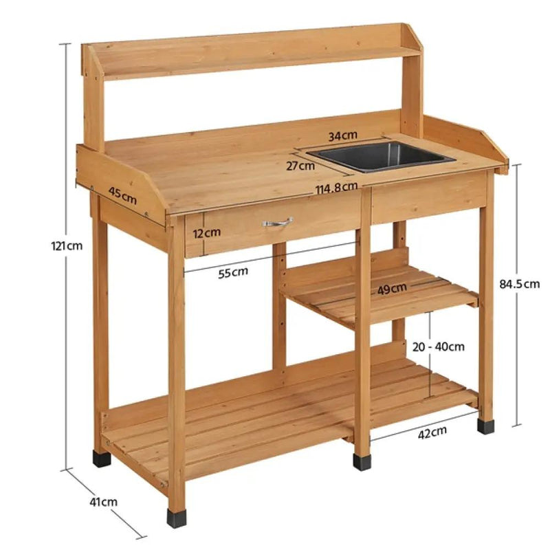 Potting Bench Table Removable Sink Firwood Drawer Open Multiple Shelves by Yaheetech